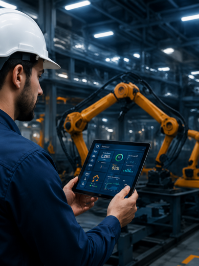 Engineer wearing a hard hat reviewing plant data on a tablet
